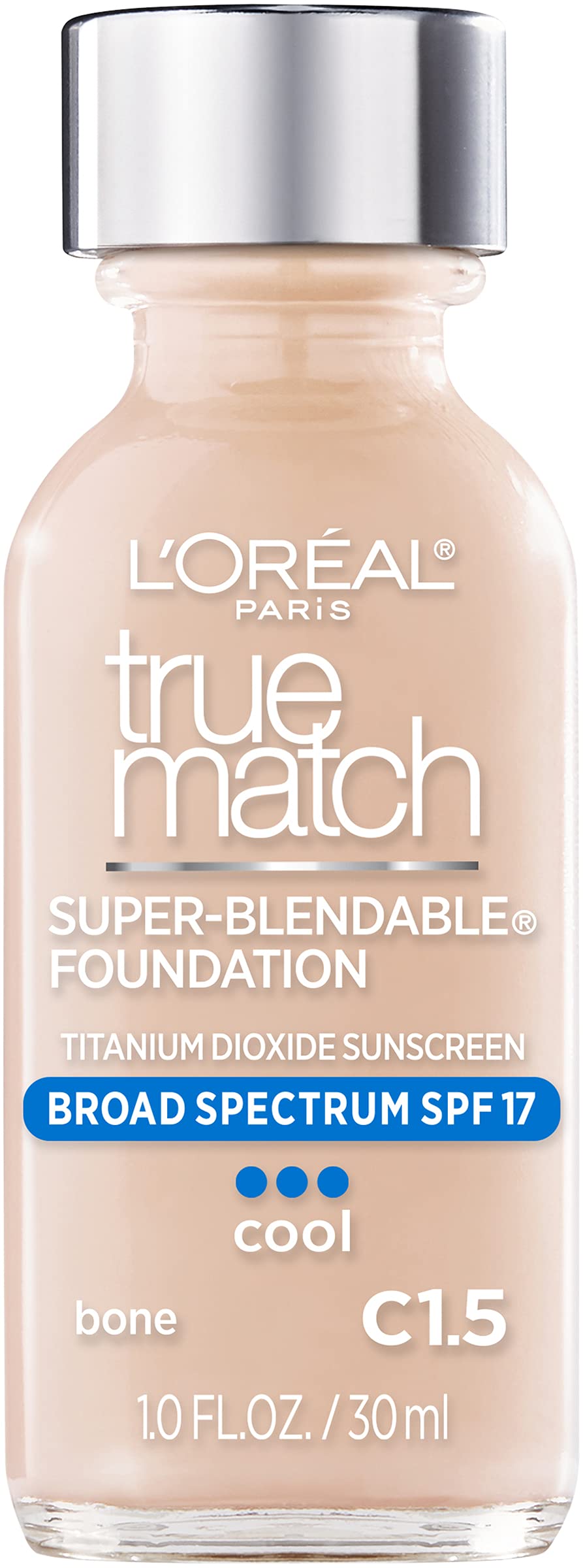 L'Oreal Paris Makeup True Match Super-Blendable Liquid Foundation, Bone C1.5, 1 Fl Oz,1 Count
