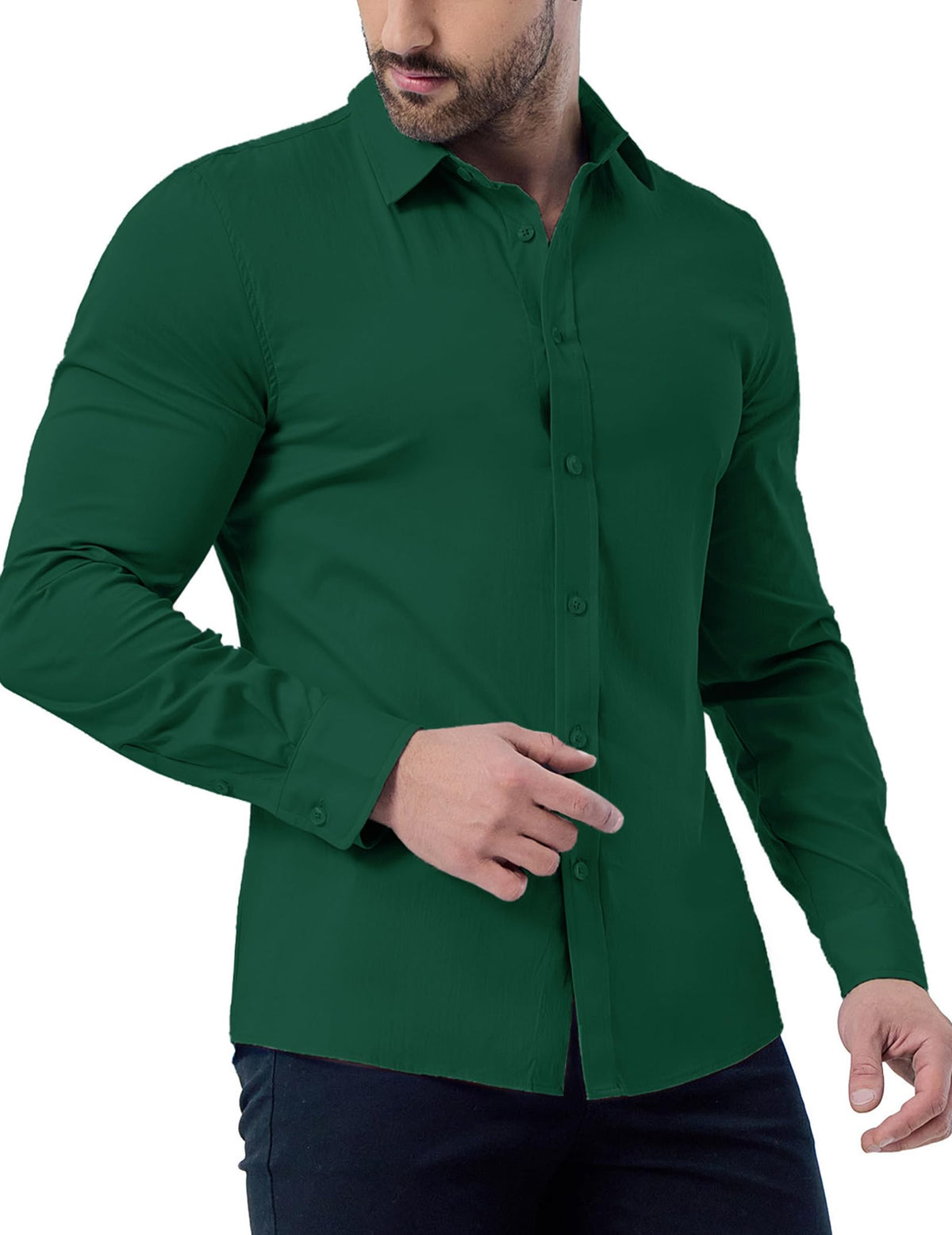 ZAFUL Men Stretch Wrinkle-Free Dress Shirt Muscle Fit Long Sleeve Business Casual Shirt Deep Green M