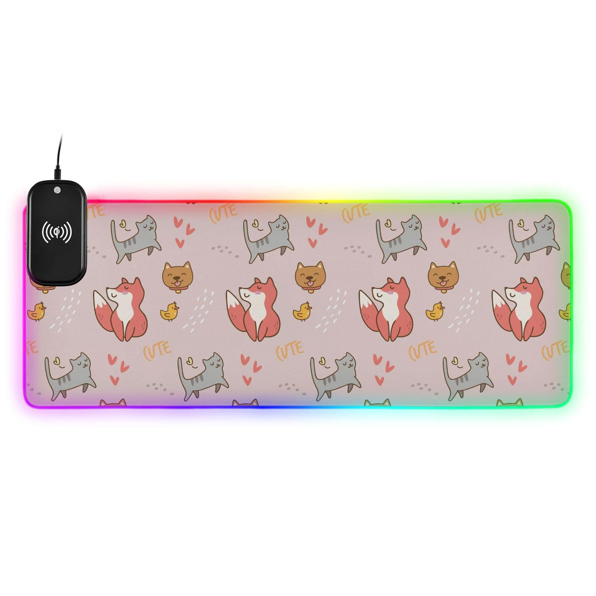 Cute Cartoon Cat Wireless Charging Mouse Pad for Mobile Phone Extra Large Gaming Mousepad with 13 Lighting Modes Extended Desk Mat for Gaming MacBook PC Laptop Desk Office Home