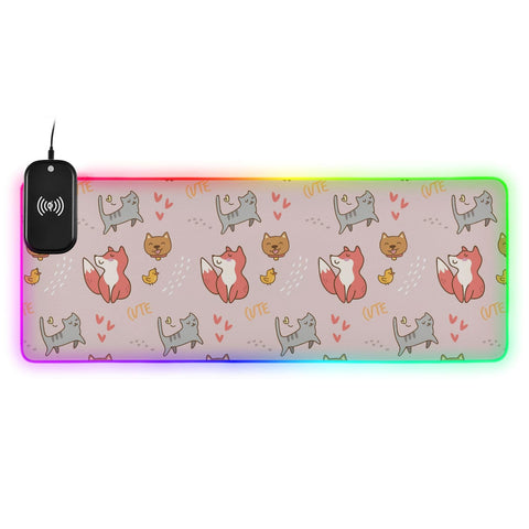 Cute Cartoon Cat Wireless Charging Mouse Pad for Mobile Phone Extra Large Gaming Mousepad with 13 Lighting Modes Extended Desk Mat for Gaming MacBook PC Laptop Desk Office Home