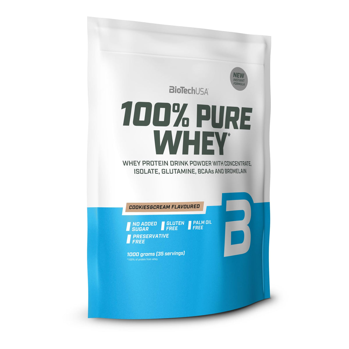 BioTechUSA 100% Pure Whey | Protein Powder with BCAA and Glutamine | Gluten-Free, Palm Oil Free | 21g Protein per Serving, 1 kg, Cookies & Cream