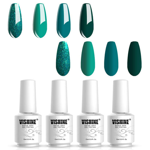 Vishine 4 Colors Green Teal Gel Nail Polish Kit 15ml, Glitter Green Sparkle Gel Nail Polish Set, Drak Green Gel Polish Nail Art Home DIY Salon