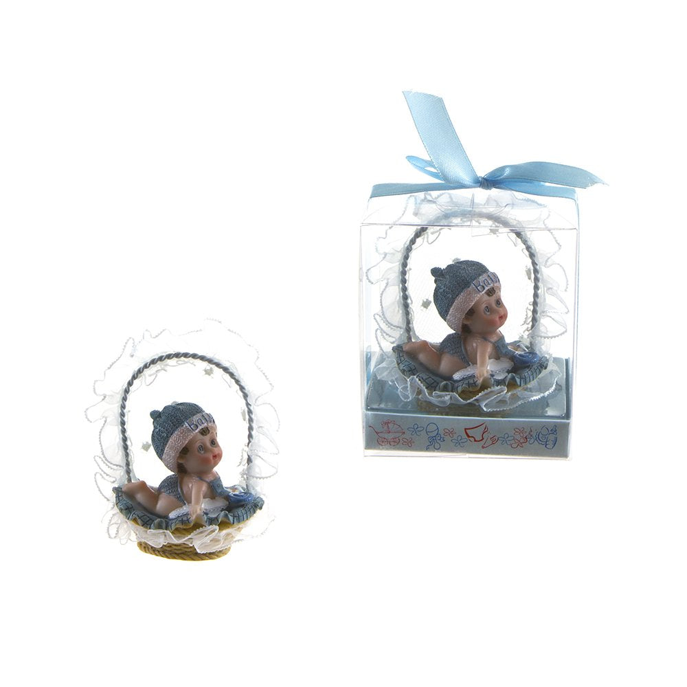 Lunaura Baby Keepsake - Set of 12 "Boy" Baby on Tummy Inside Basket Favors - Blue