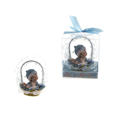 Lunaura Baby Keepsake - Set of 12 "Boy" Baby on Tummy Inside Basket Favors - Blue