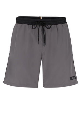 BOSS Men's Standard Medium Length Solid Swim Trunk, Nickle Grey, S