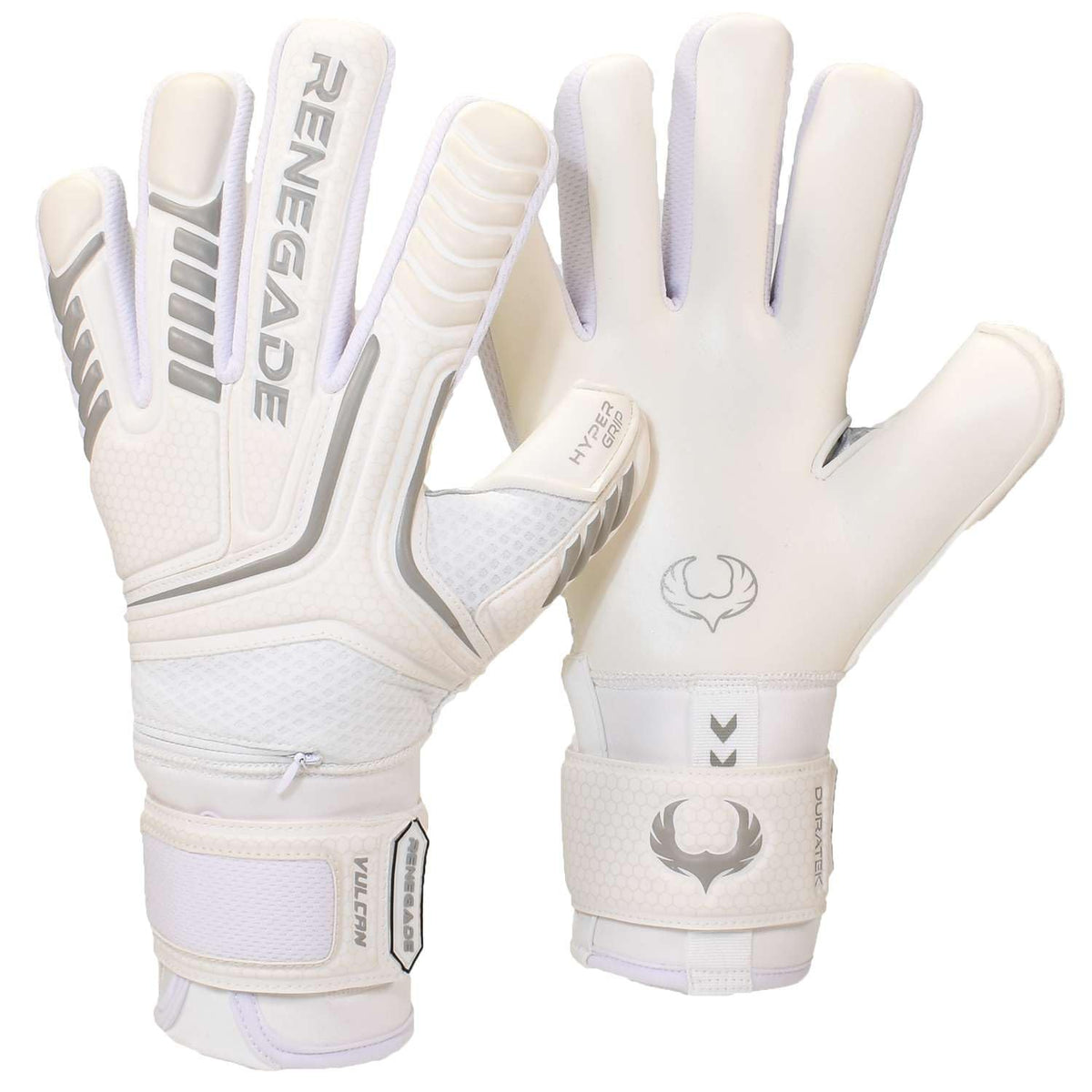 Renegade GK Vulcan Whiteout Goalie Gloves with Fingersaves | 3.5+3mm Hyper Grip & 4mm Duratek | White Goal Keeper Gloves (Size 10, Adult, Mens, Roll Cut, Level 3)