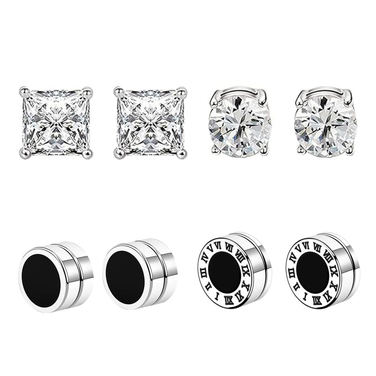 Uwiyo 4 Pairs Magnetic Earrings for Men Women, Stainless Steel No Piercing Clip On Earrings Silver Black Round Cubic Zirconia Magnet Earrings Fake Earring Studs, 6/8mm (Silver-6mm)