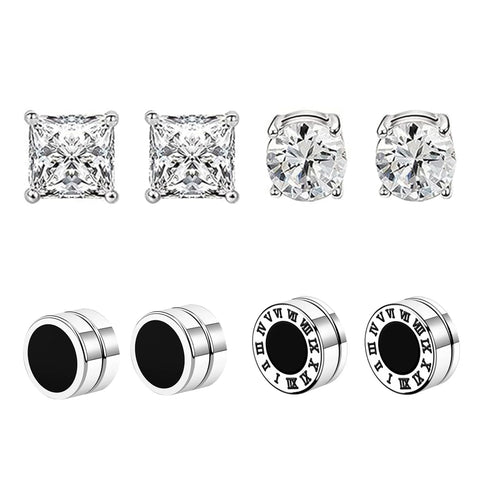 Uwiyo 4 Pairs Magnetic Earrings for Men Women, Stainless Steel No Piercing Clip On Earrings Silver Black Round Cubic Zirconia Magnet Earrings Fake Earring Studs, 6/8mm (Silver-6mm)