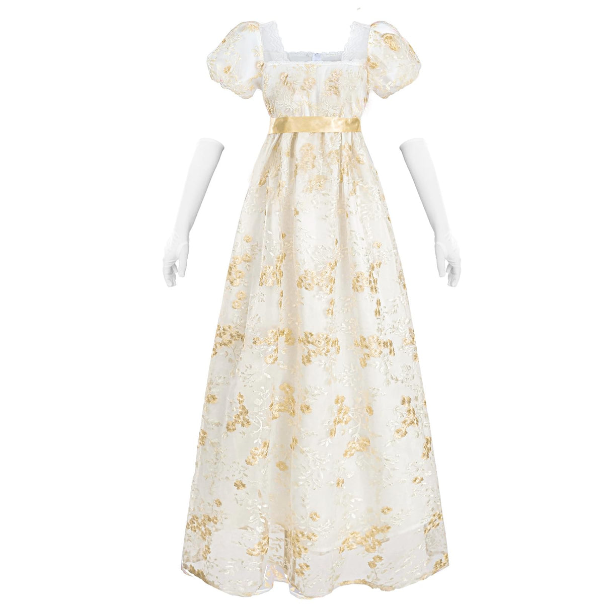 NSPSTT Golden Regency Dresses for Women 1800s Vintage Dress Victorian Ball Gown with Gloves