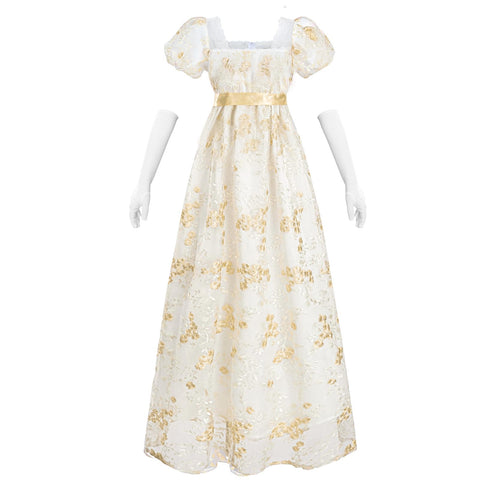 NSPSTT Golden Regency Dresses for Women 1800s Vintage Dress Victorian Ball Gown with Gloves