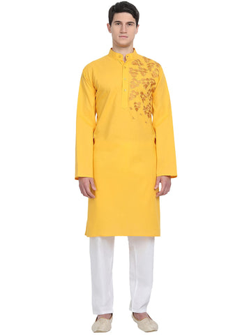 SKAVIJ Men's Cotton Embroidered Kurta Pyjama Set Floral Ethnic Motifs Festive Ethnic Dress (KP076gold_Gold_L)