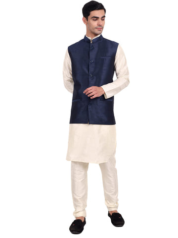 SKAVIJ Men's Indian Dupion Silk Kurta Pajama And Nehru Jacket (Waistcoat) Set for Wedding (X-Large, Blue)