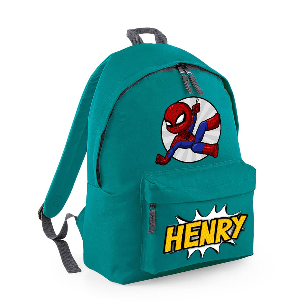 Superhero Bag, Personalised Backpack, Gift For Kids, Boy, Spider Cartoon Bag, Birthday, Christmas Fashion Backpack for Nursery, Bookbags, Rucksack Shoulder Bag. (Emerald Graphite Grey)