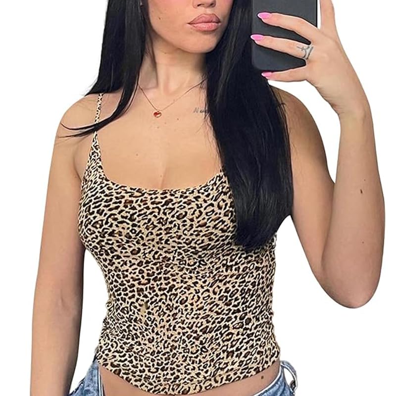 fdsmall Women's Camisole Tops Spaghetti Strap Vest Tops Leopard Print Sexy Stretchy Sleeveless Summer Tank Top Y2k Cami Crop Tops T-Shirt (UK, Alpha, M, Regular, Regular, Yellow)