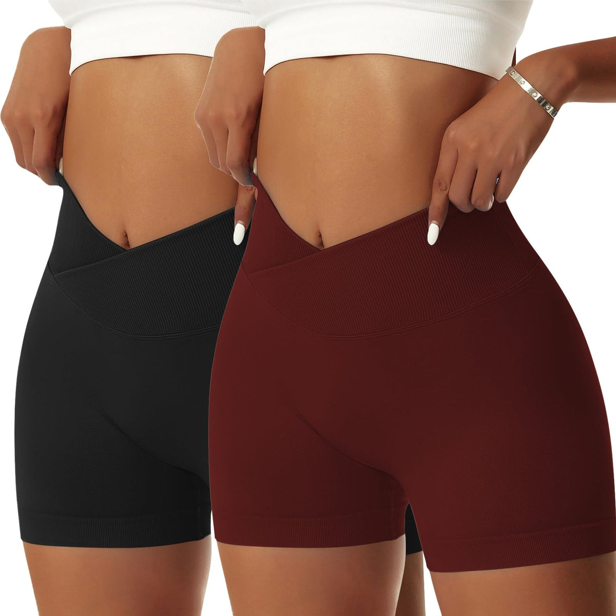 Vertvie 2 Pack Workout Gym Shorts for Women High Waisted Booty V Cross Biker Shorts Scrunch Butt Athletic Yoga Shorts (Black/Fired Brick, Small)