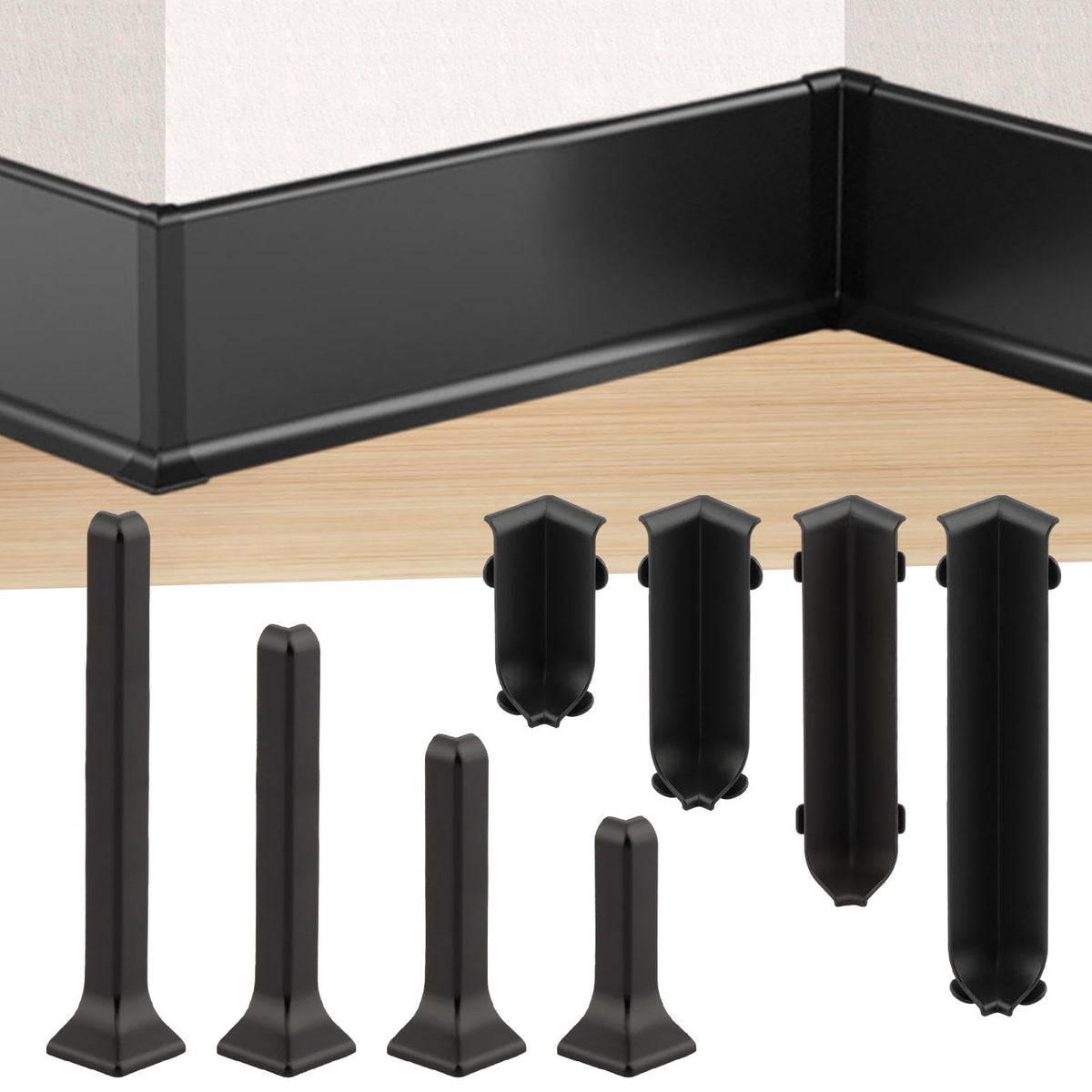 EMVANV 8 PCs Baseboard Corner Blocks, Self Adhesive 4 Inner and 4 Outer Corners Connector Between The Cove Base Wall Base Rubber Moulding Trim(Black)