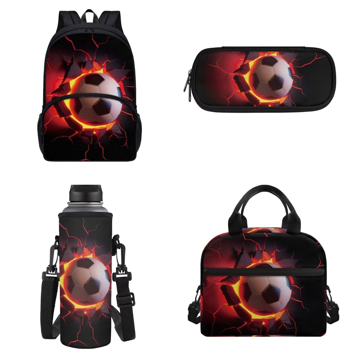 FUIBENG 4 Pack Boys Backpack Football Backpack Fire Football Bookbag with Insulated Lunch Box Pencil Case Water Bottle Holder Bag Lightweight Casual Daypack for Preschool,Elementary?Middle High School