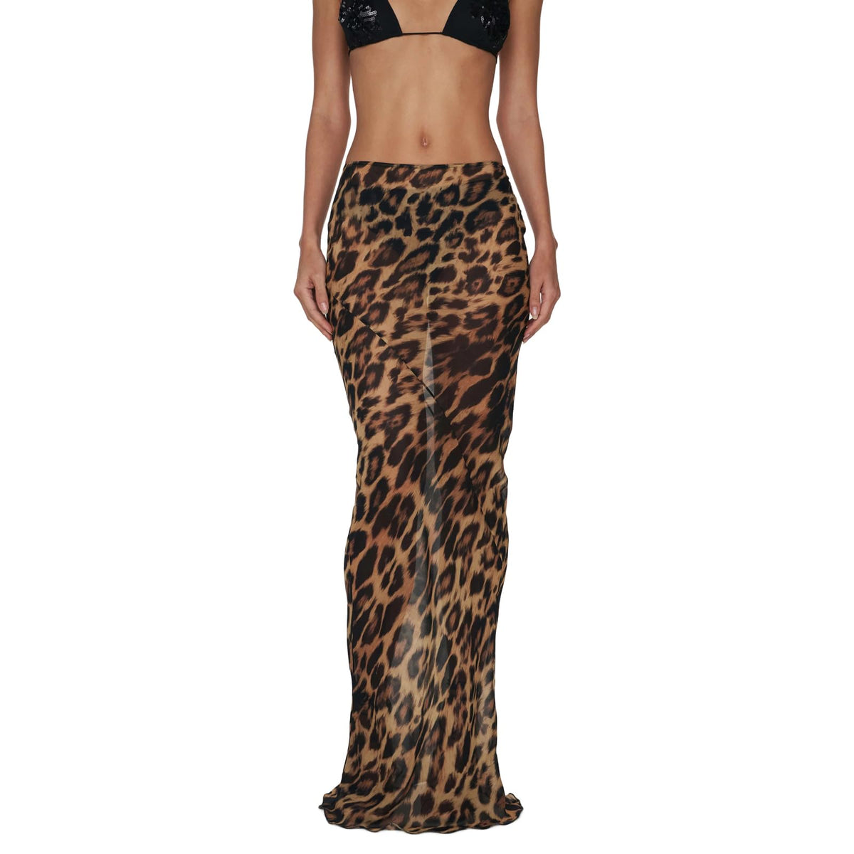 YILEEGOO Women's Leopard Print Long Skirts Vintage Sheer See Through Slim Fit Skirt Summer Casual Mid Waist Beach Maxi Skirt (Dark Brown, M)