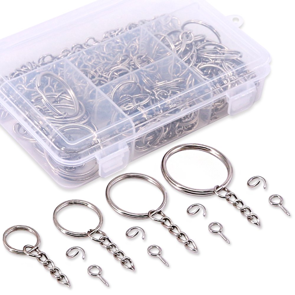 Swpeet 300Pcs Key Chain Rings Kit, 100Pcs Keychain Rings with Chain and 100Pcs Jump Ring with 100Pcs Screw Eye Pins Bulk for Jewelry Findings Making - 3/5 Inch, 4/5 Inch, 1 Inch, 6/5 Inch (Sliver)