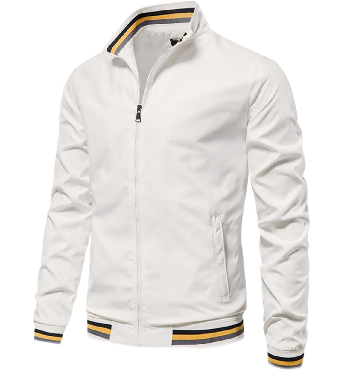 NAKEAH Men's Solid Color Sports Jacket Spring Autumn New Stand Up Collar Zip Pocket Casual Jacket white XXL