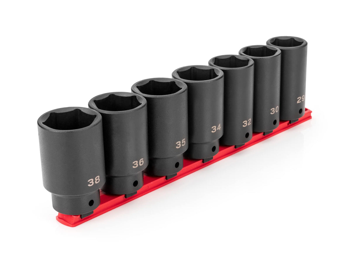 TEKTON 1/2 Inch Drive Deep 6-Point Axle Nut Impact Socket Set with Rail, 7-Piece (29-38 mm) | SID92101