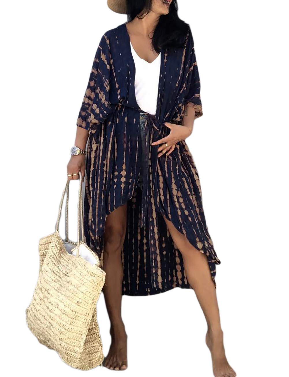 Bsubseach Women Tie Dye Long Beach Swimsuit Cover Ups for Swimwear Sexy Bikini Beach Kimono Cardigan Navy