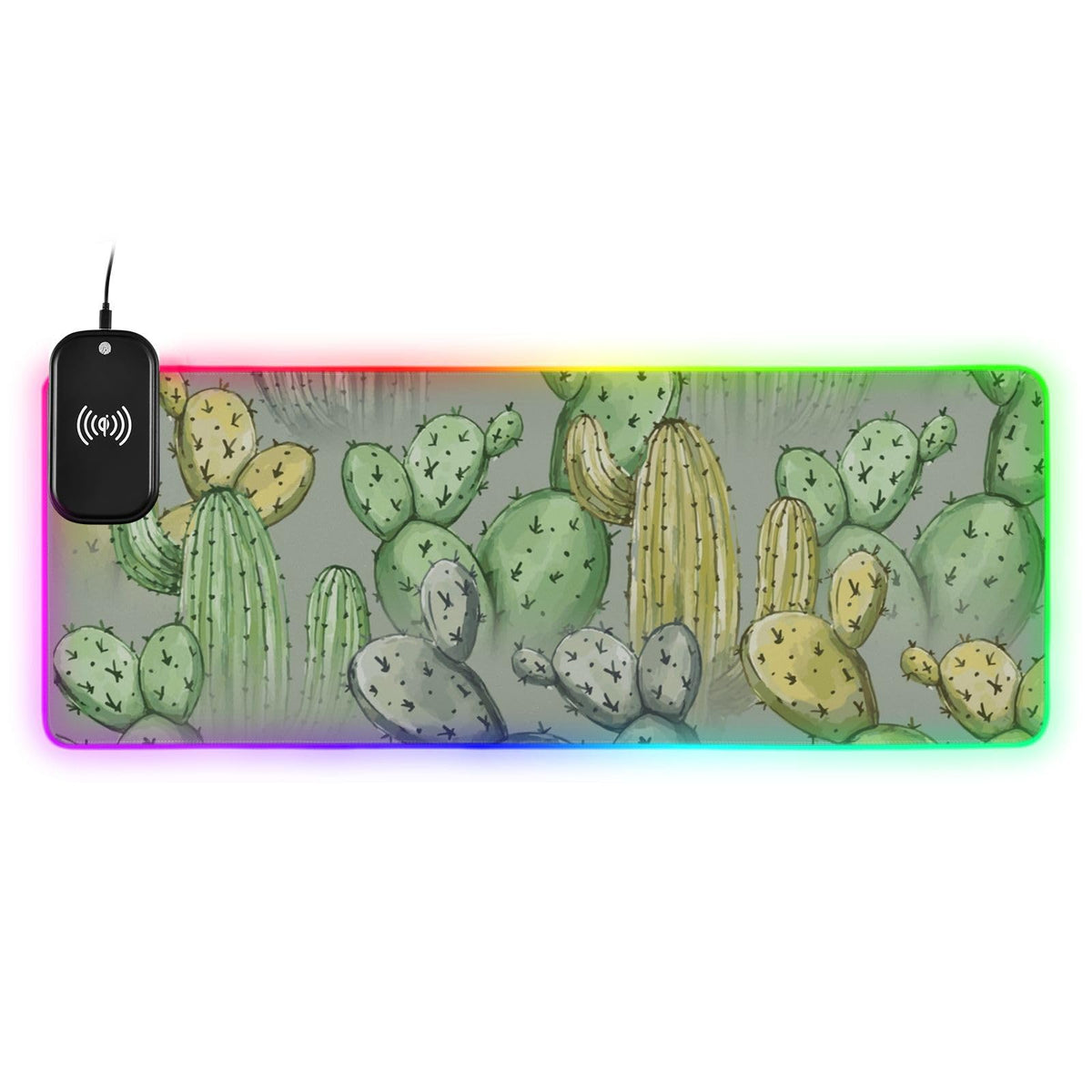 Hand-Drawn-Cactus-Background Wireless Charging Mouse Pad for Mobile Phone Extra Large Gaming Mousepad with 13 Lighting Modes Mouse Mat for Office Home Gaming MacBook PC Laptop Desk