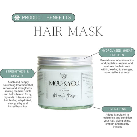 Moo & Yoo Miracle Hair Mask - Marula Oil & Wheat Protein - Hair Masks for Dry Damaged Hair - Vegan & Cruelty Free Hair Treatment - 250ml Recyclable Glass Jar