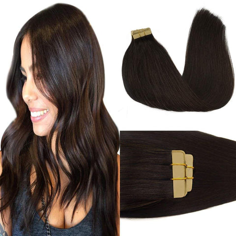 GOO GOO Tape in Hair Extensions Human Hair, 2 Dark Brown, 14inch 50g 20pcs, Thick Ends Straight Seamless Tape in, Invisible Tape in Hair Extensions Human Hair
