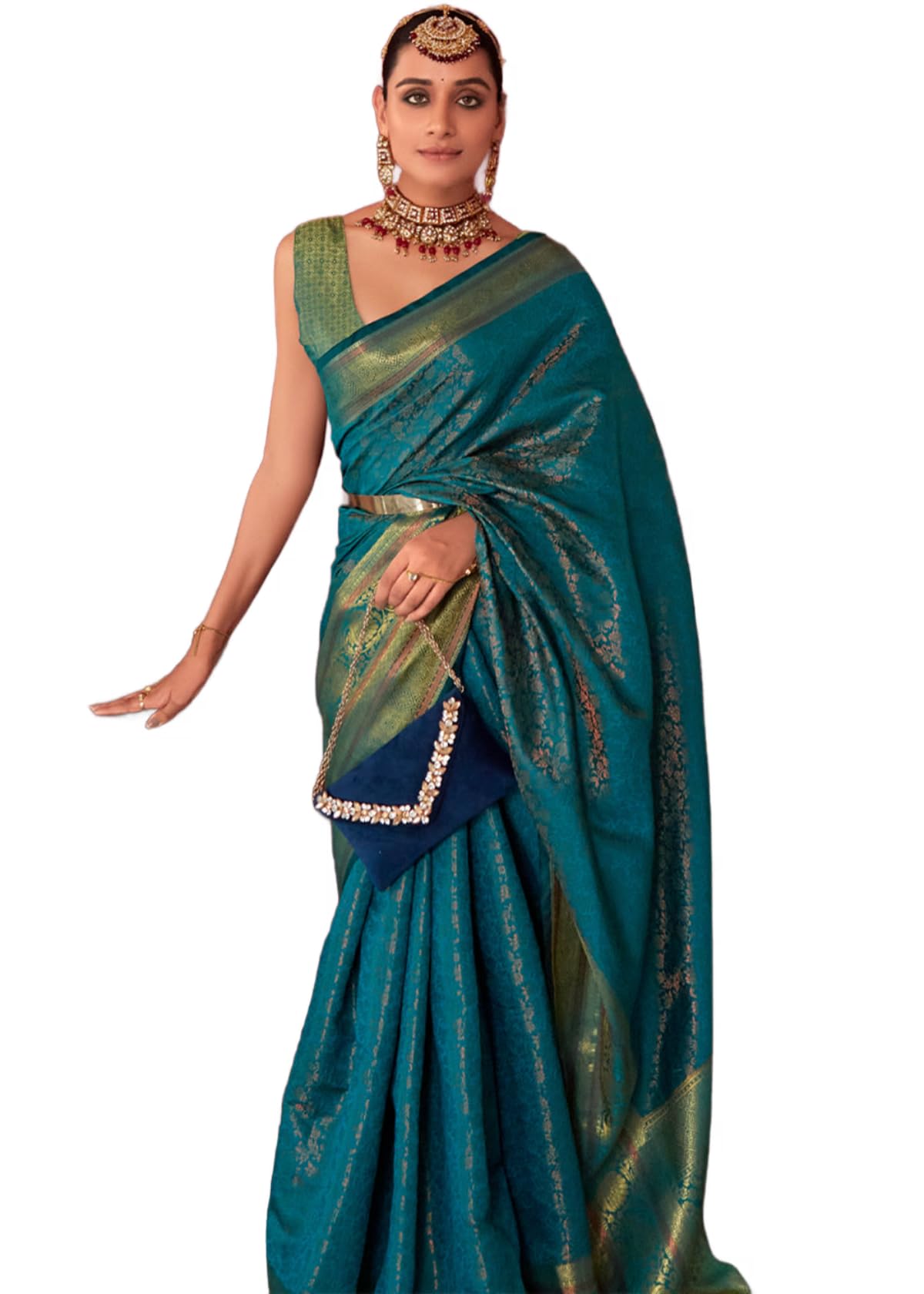 SWORNOF Women's kanjivaram banarasi silk saree Zari Woven festival Wedding silk sarees for women with Unstitched blouse piece, Firozy, 6 yard
