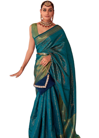 SWORNOF Women's kanjivaram banarasi silk saree Zari Woven festival Wedding silk sarees for women with Unstitched blouse piece, Firozy, 6 yard