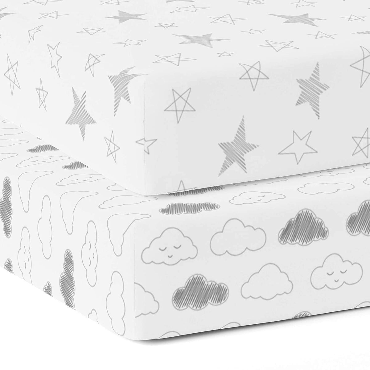 TWC Organic Cotton Cot Bed sheets for Baby Crib Bedding | 72x36x12 cm fitted sheet | Pack of 2 - Soft, Absorbent, Breathable Twill Fabric for Infants, Babies, Toddlers - Star & Clouds