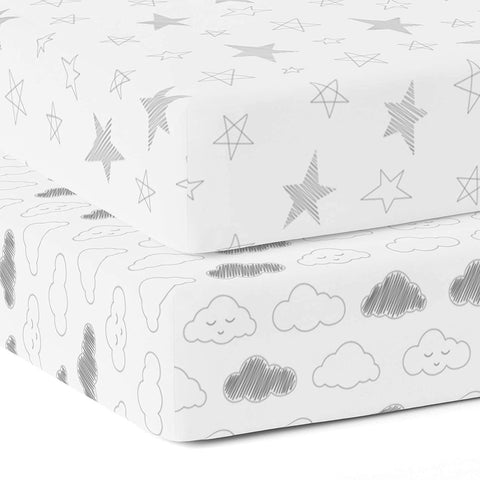 TWC Organic Cotton Cot Bed sheets for Baby Crib Bedding | 72x36x12 cm fitted sheet | Pack of 2 - Soft, Absorbent, Breathable Twill Fabric for Infants, Babies, Toddlers - Star & Clouds