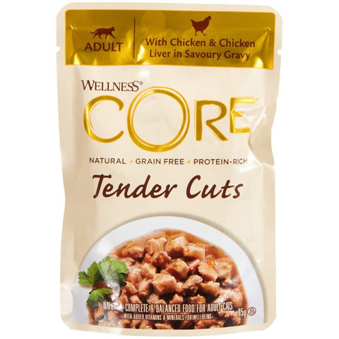 Wellness CORE Tender Cuts, Wet Cat Food, Cat Food Wet With Tender Pieces In Sauce, Grain Free, High Meat Content, Chicken & Chicken Liver, 24 X 85 G