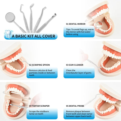 Generic 5 Pcs Dental Probe Dentist Teeth Pick Probe Mirror Tool Set Oral Hygiene Equipment Teeth Examination Tool, silver