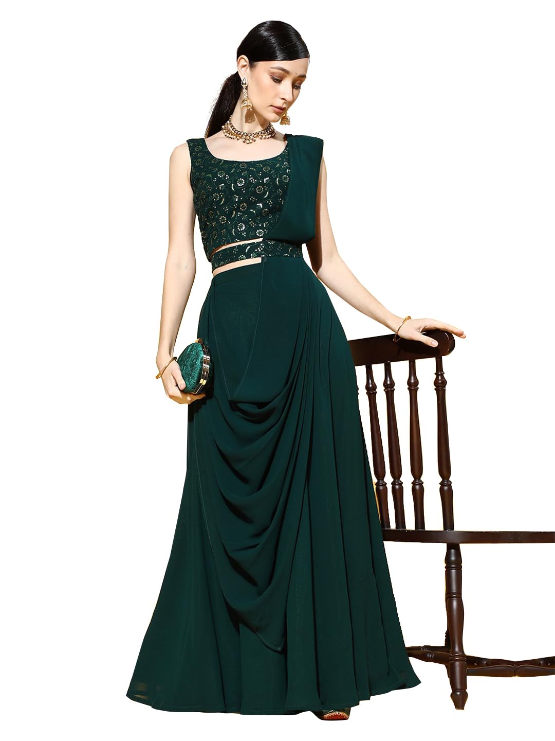 TRENDMALLS Georgette Embroidery Sequence Work Semi-Stitched Lehenga Choli with Dupatta For Women-L255-DarkGreen(Bridal-Latest-Wedding-Festive-Lehenga-Free size)