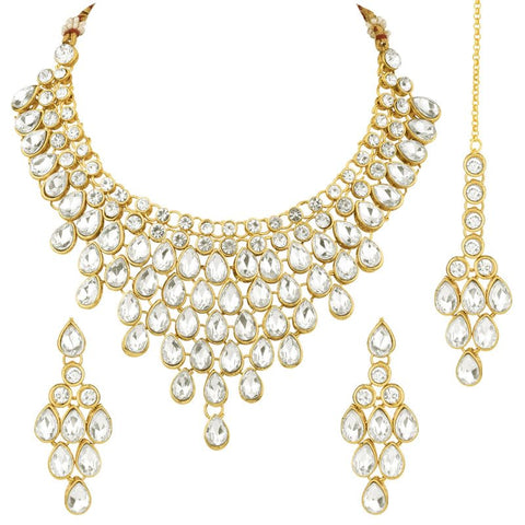 Aheli Exquisite Wedding Party Wear Faux Kundan Studded Necklace with Maang Tikka Set Indian Ethnic Traditional Jewellery for Women (White)