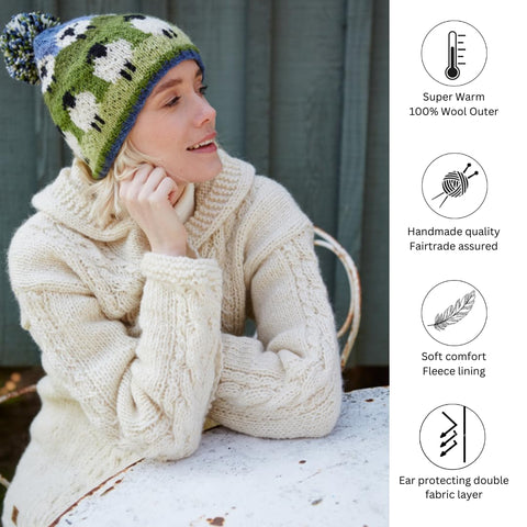 Pachamama Women Wool Bobble Beanie Hat Handknitted Cute Sheep Design Multicoloured One Size Handmade Extra Warm