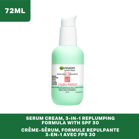 Garnier Green Labs Hyalu-Melon 3-in-1 Replumping Serum Cream with Hyaluronic Acid, 24h Moisture + Serum + SPF 30, 2.4 Fl Oz (72mL), 1 Count (Packaging May Vary)