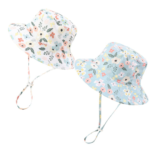 Baby Girl Sun Bucket Hat Summer Beach Hats with UPF 50+ Toddler Infant with Wide Brim Strap Outdoor Hat 2 Pack Greden Blue & White 0-6 Months