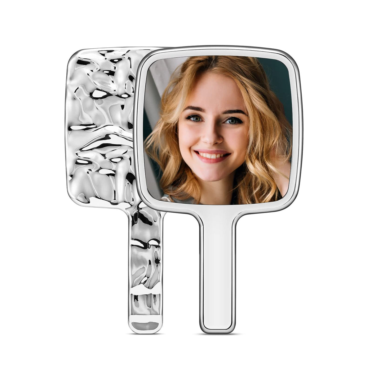MIRRORNOVA Handheld Mirror, Water Ripples Hand Mirror with Handle for Make up, Square, Silver, Small