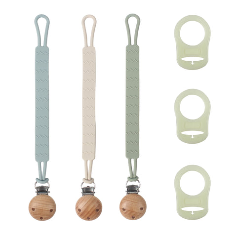 Pack of 3 Silicone Dummy Chains, Flexible Dummy Strap in One-Piece Design, Durable Dummy Chains with Dummy Clip Wood and Silicone Ring for Dummy Chain, for Girls and Boys