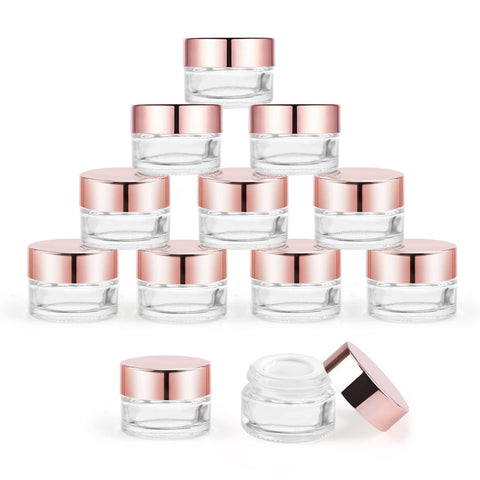 12 Pcs 5g Glass Cosmetic Jars Refillable Clear Cream Bottle Containers Empty Sample Vials Jar with Rose Gold Lid for Eye Cream Lotion Ointments Lip Balm Scrub