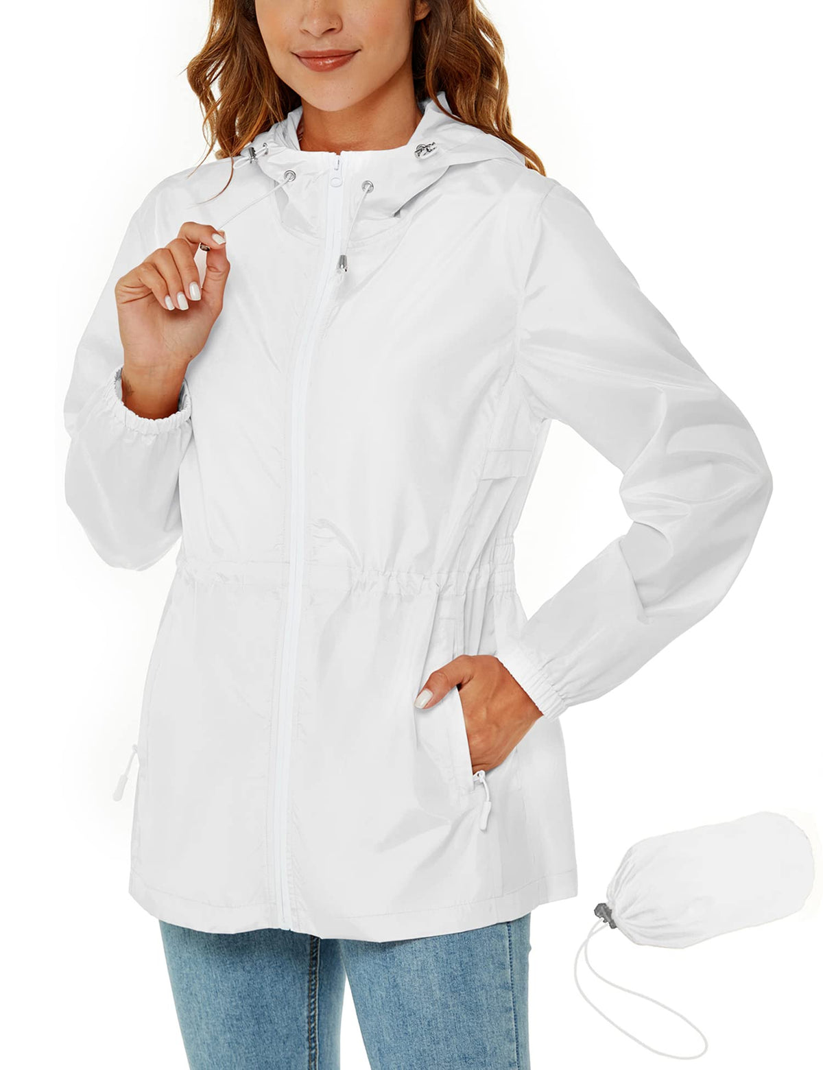 Rapbin Raincoats for Women Waterproof Jacket Hooded Raincoat Lightweight Windbreaker Outdoor Packable Hooded Rain Coats Jacket White XL