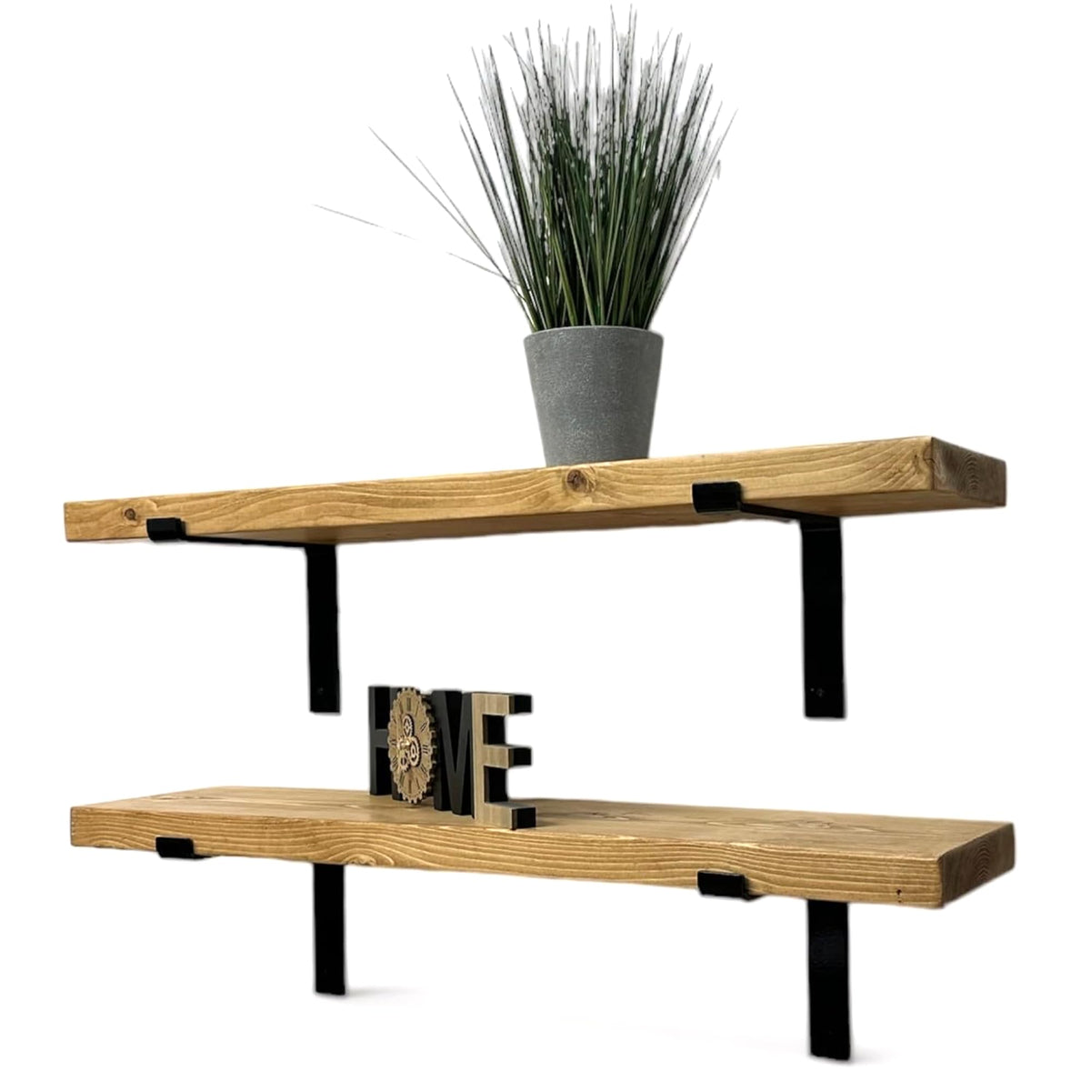 Set of 2 Handcrafted Rustic Wooden Wall-Mounted Floating Shelves with Black L Brackets, Made from Solid Timber Shelf - Ideal for Kitchen Living Room Deco (Rustic Pine, 50cm)