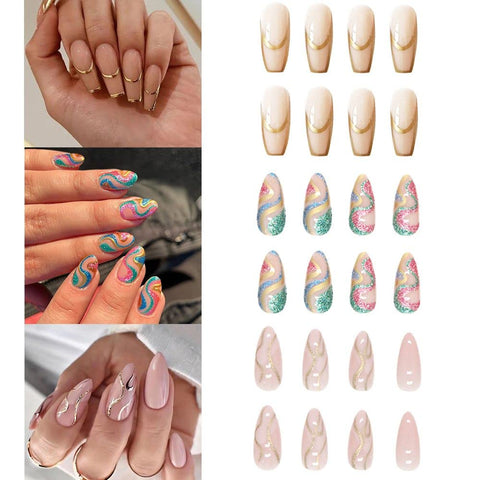 3 Packs (72 Pcs) Press on Nails Short Fake Nails Almond Full Cover Stick on Nails Rainbow Gold Lines Nail Exquisite Acrylic Nails Fashion Design Press on Nails for Women and Girls