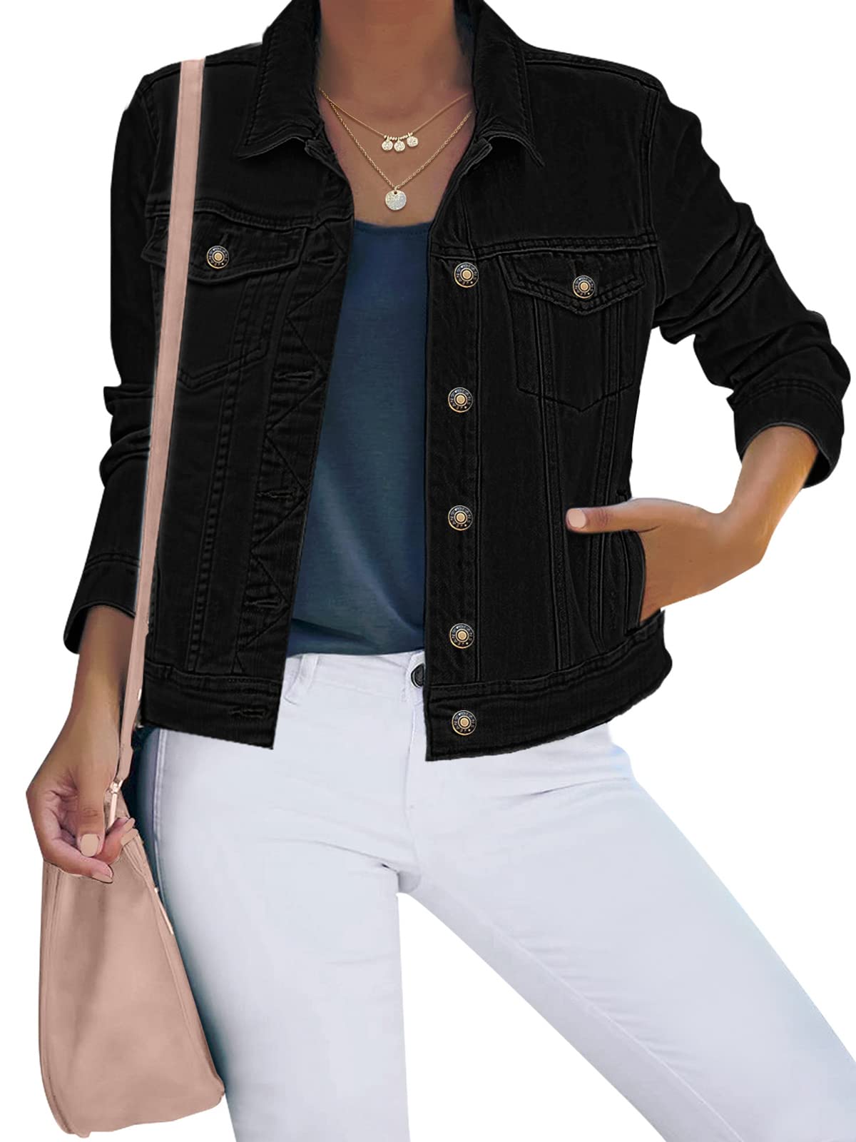 luvamia Women's Classic Casual Long Sleeves Jacket Basic Button Down Trucker Jacket Coat Jackets for Women Winter Jackets for Women Always Black Size Medium Fits Size 8 / Size 10