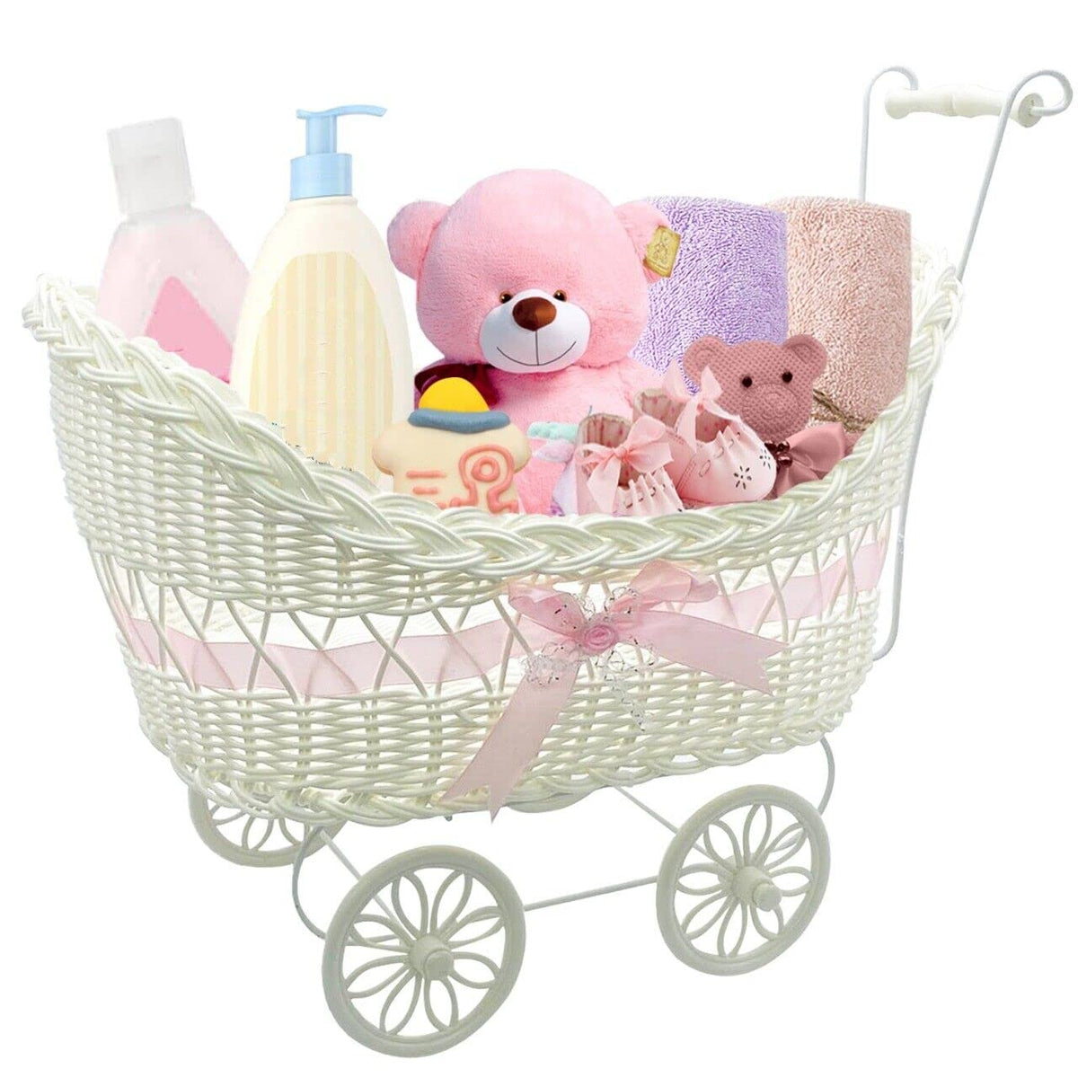 SAFRI Baby Pram Hamper Wicker Toy Basket with Handles and Wheels Great Gift for Boy & Girl Baby Showers or Newborn Baby Gifts (Pink)