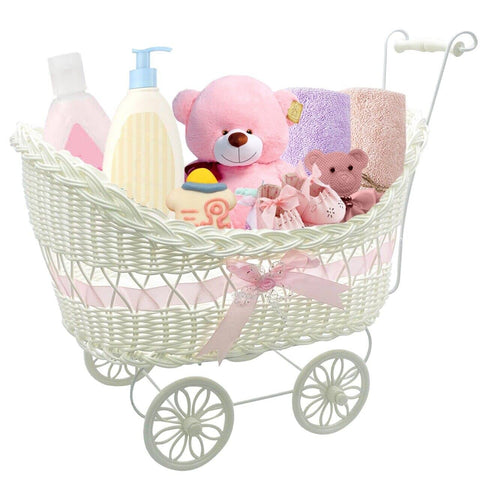 SAFRI Baby Pram Hamper Wicker Toy Basket with Handles and Wheels Great Gift for Boy & Girl Baby Showers or Newborn Baby Gifts (Pink)