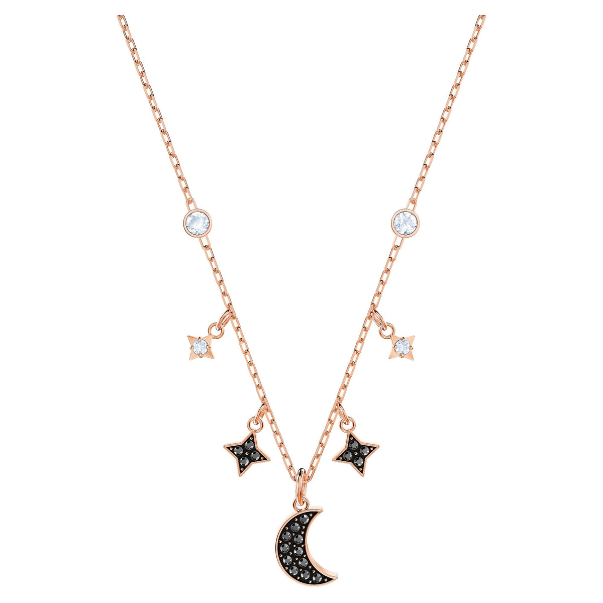 Swarovski Symbolic necklace, Moon and star, Black, Rose-gold tone plated